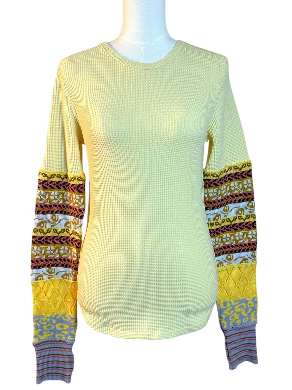 Free People All In Cuff Grunge 90s Thermal Sweater Crewneck Top Large Yellow - Picture 6 of 11